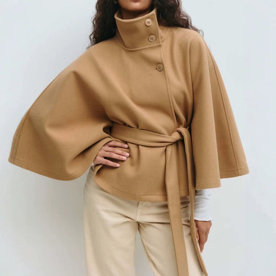 Damen Kurzcape-Mantel mit Stehkragen, Oversize-Ärmeln und Bindegürtel Nord Taschen