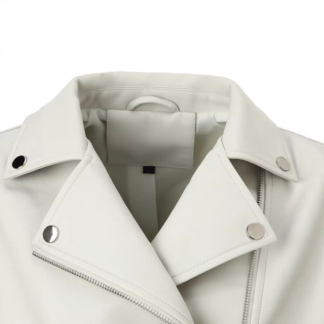 Damen Kurze Biker‑Lederjacke mit Fransenärmeln und asymmetrischem Reißverschluss Nord Taschen