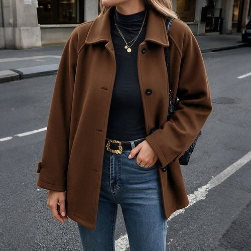 Damen Kurzmantel aus Wollmix mit Hemdkragen und geradem Schnitt Nord Taschen