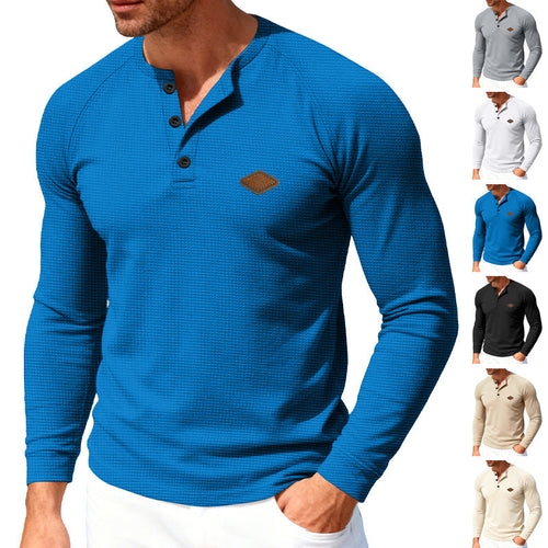 Herren nan Waffelstrick-Henley Langarmshirt mit Raglanärmeln, Halbknopfleiste und Lederlabel Nord Taschen