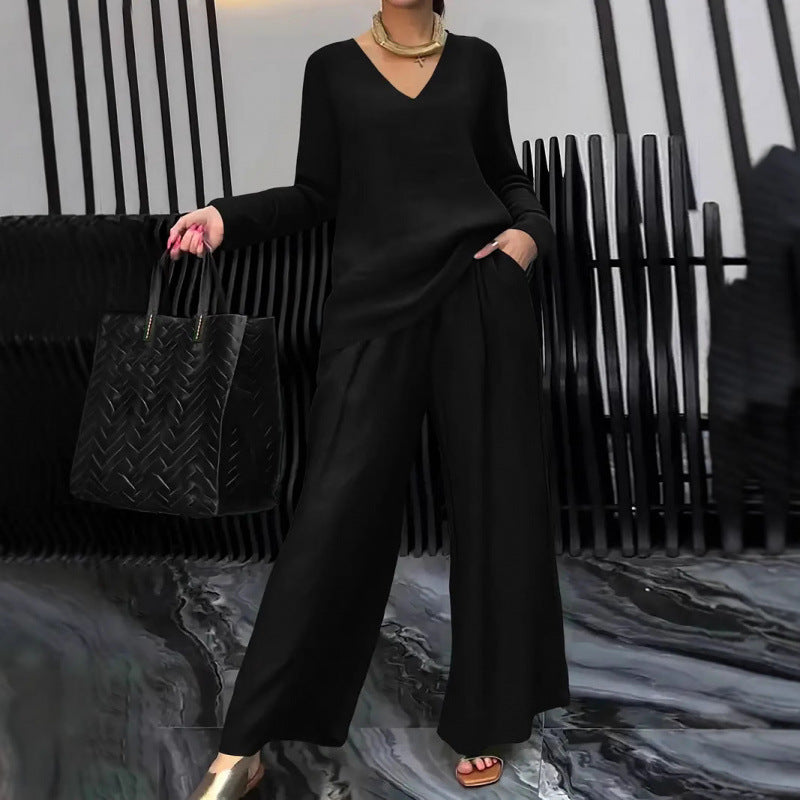 Damen Feiner V-Ausschnitt Strickpullover mit fließender Palazzo-Hose Nord Taschen