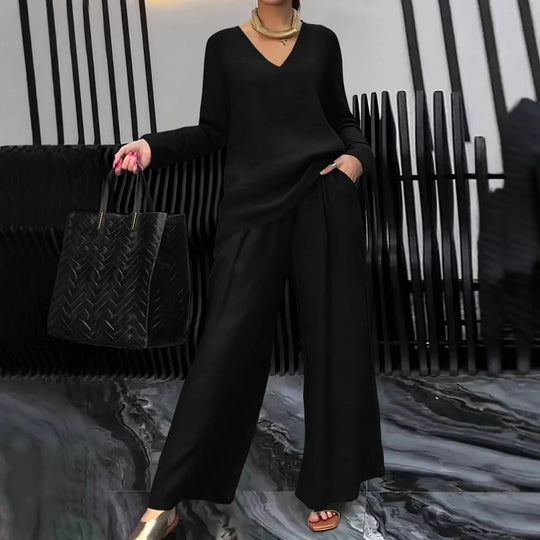 Damen Feiner V-Ausschnitt Strickpullover mit fließender Palazzo-Hose Nord Taschen