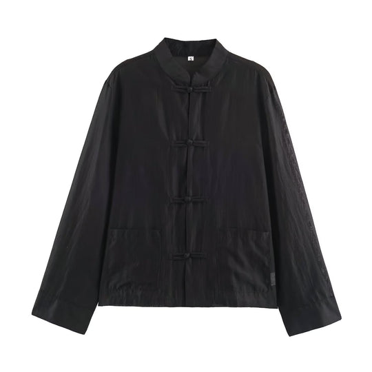 Damen Leichte chinesisch-inspirierte Oversize-Jacke mit Mandarinkragen und Knotenverschlüssen Nord Taschen