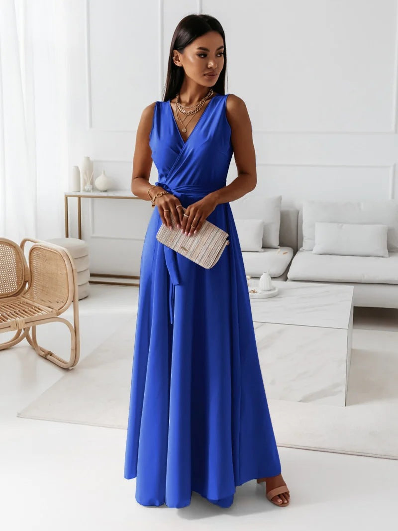 Damen Wickel-Maxikleid mit tiefem V-Ausschnitt und fließendem Schnitt