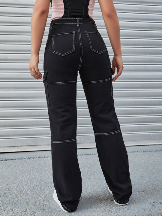 Damen Hochtaillierte Cargo-Hose mit Kontrastnähten und geradem Bein Nord Taschen