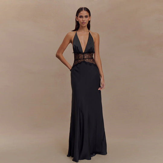 Damen Elegantes Maxikleid mit tiefem V-Ausschnitt und zarter Spitzenverzierung