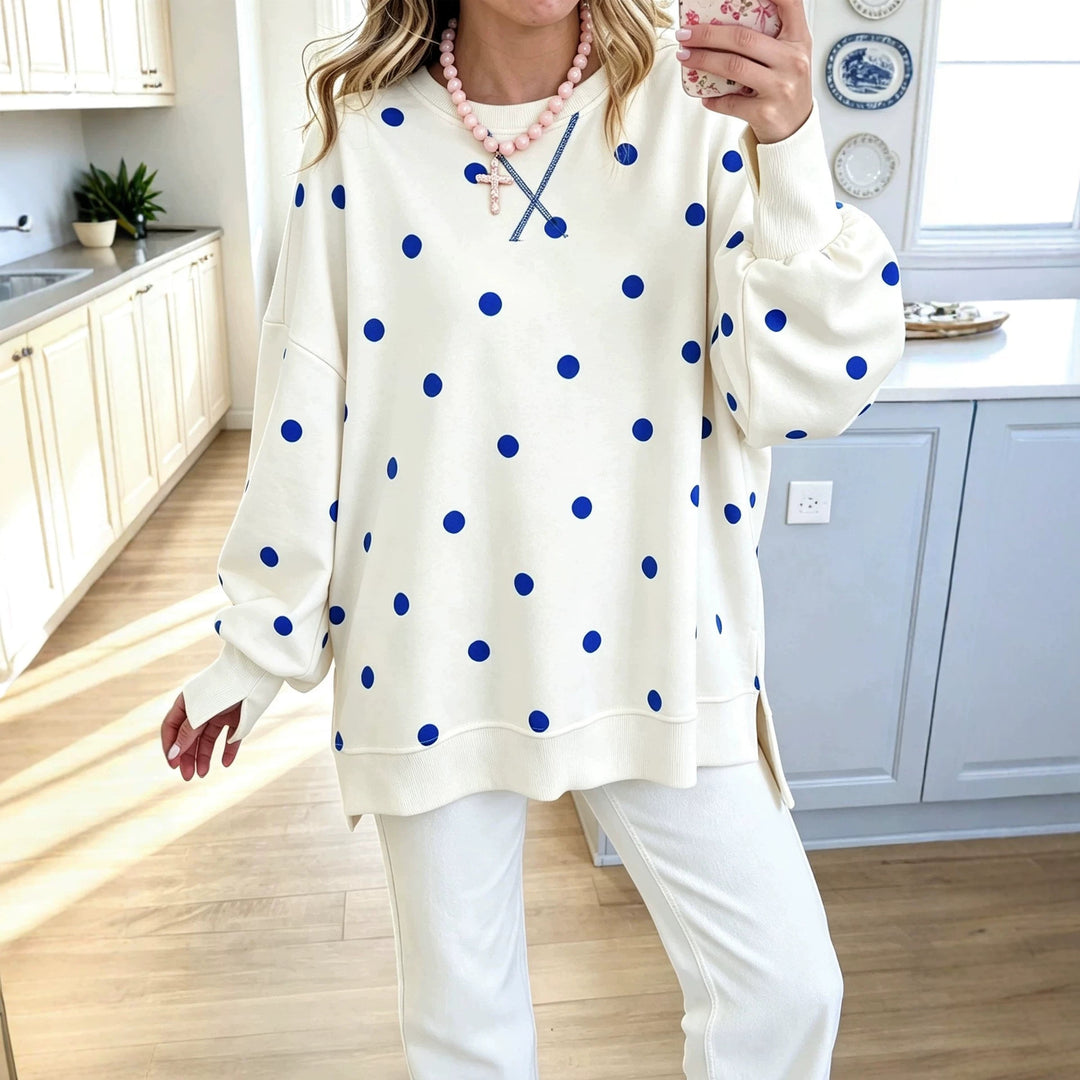 Damen Oversize-Sweatshirt mit Puffärmeln, Polka-Dots und Seitenschlitzen Nord Taschen