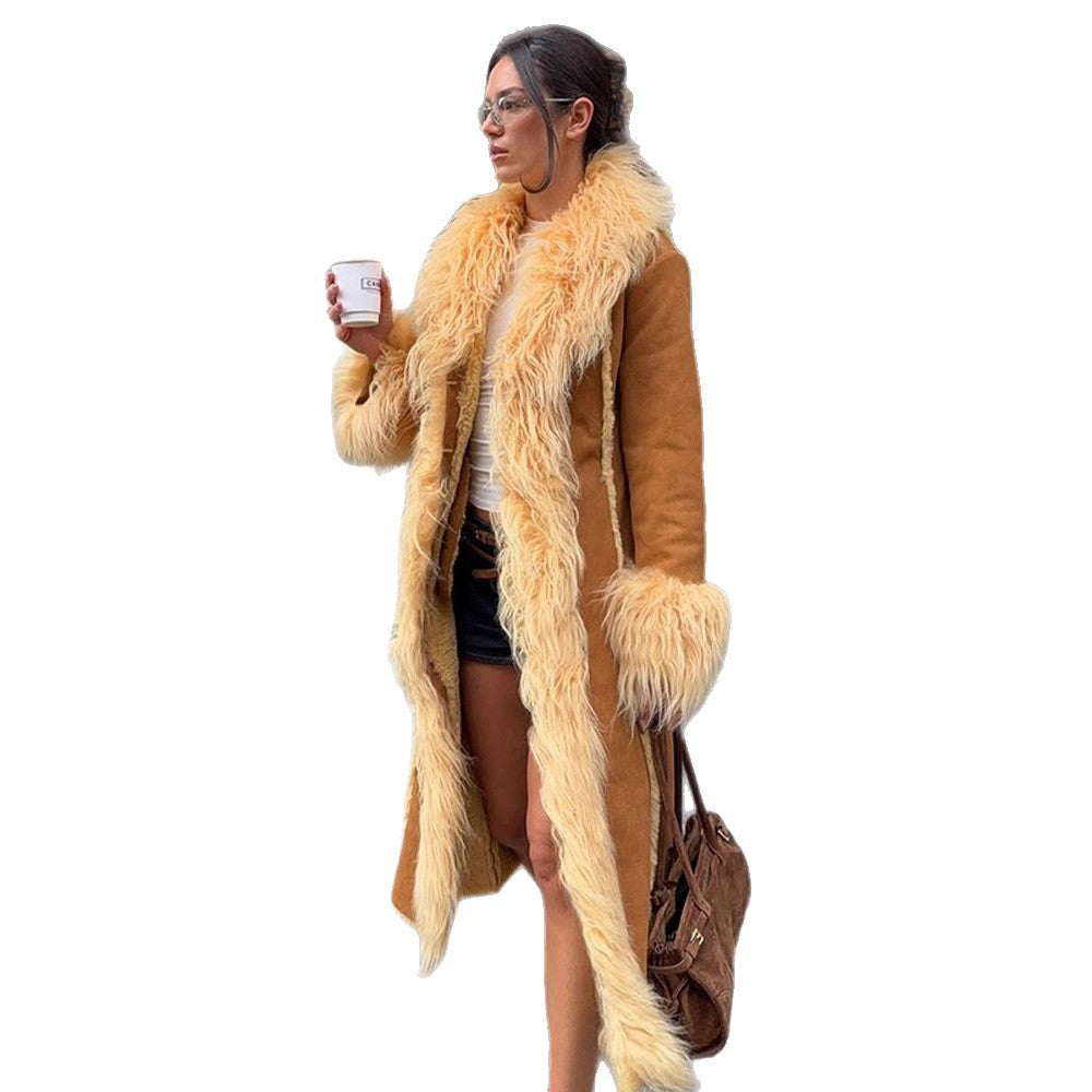 Damen Langer Shearling‑Imitatmantel mit voluminösem Schalkragen und Plüschmanschetten Nord Taschen
