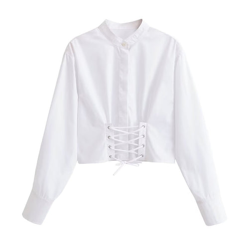 Damen Kurzbluse mit taillierter Schnürung und Stehkragen Nord Taschen