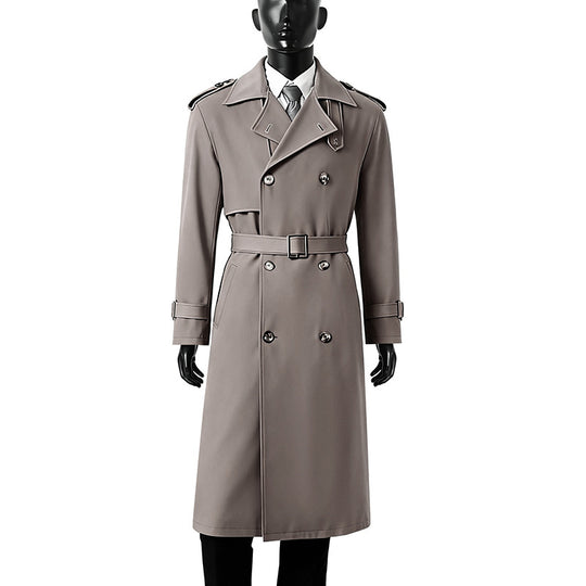 Herren Zeitloser Maxilanger Trenchcoat im Military-Stil mit Sturmklappe und Taillengürtel Nord Taschen