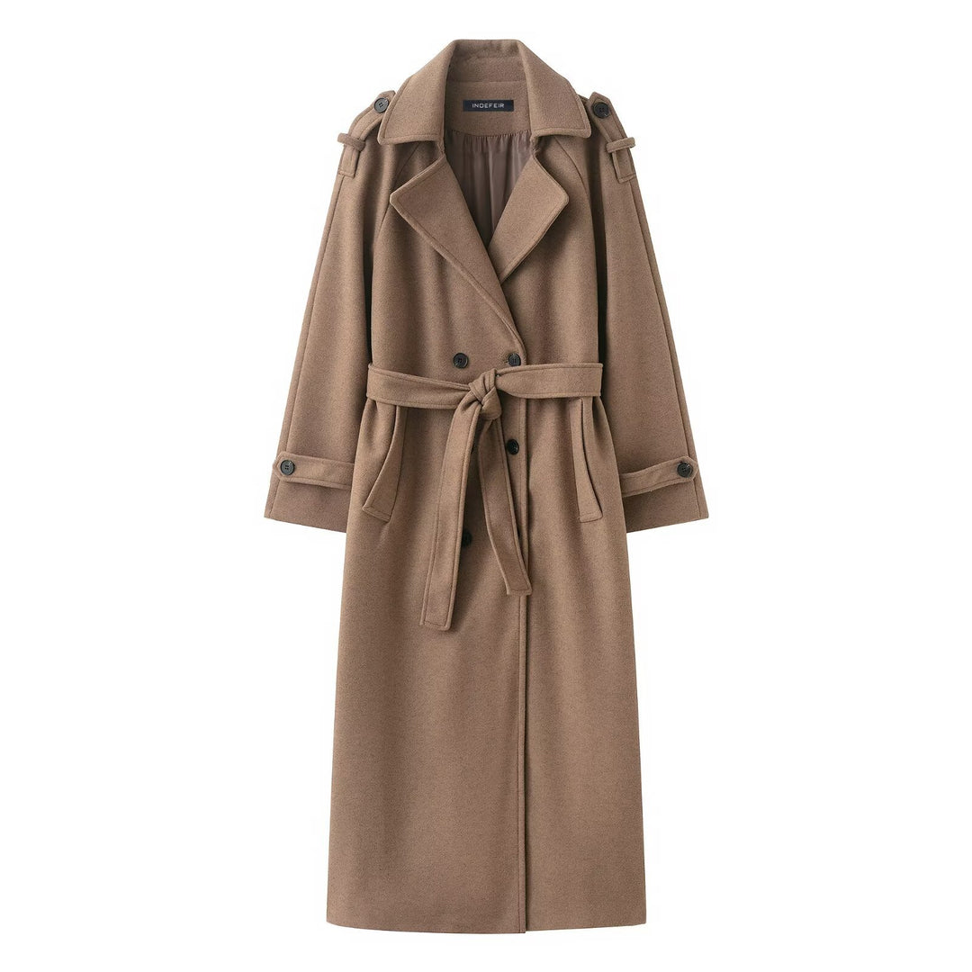 Damen Langer Doppelreiher-Trenchcoat mit Bindegürtel und Schulterriegeln Nord Taschen