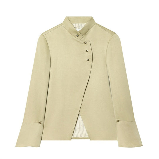 Damen Asymmetrische Blusenjacke mit Stehkragen und ausgestellten Manschetten Nord Taschen