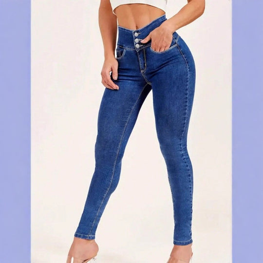 Damen High-Waist Sculpting-Skinny-Jeans mit taillenbildendem V-Bund und Doppelknopfverschluss Nord Taschen