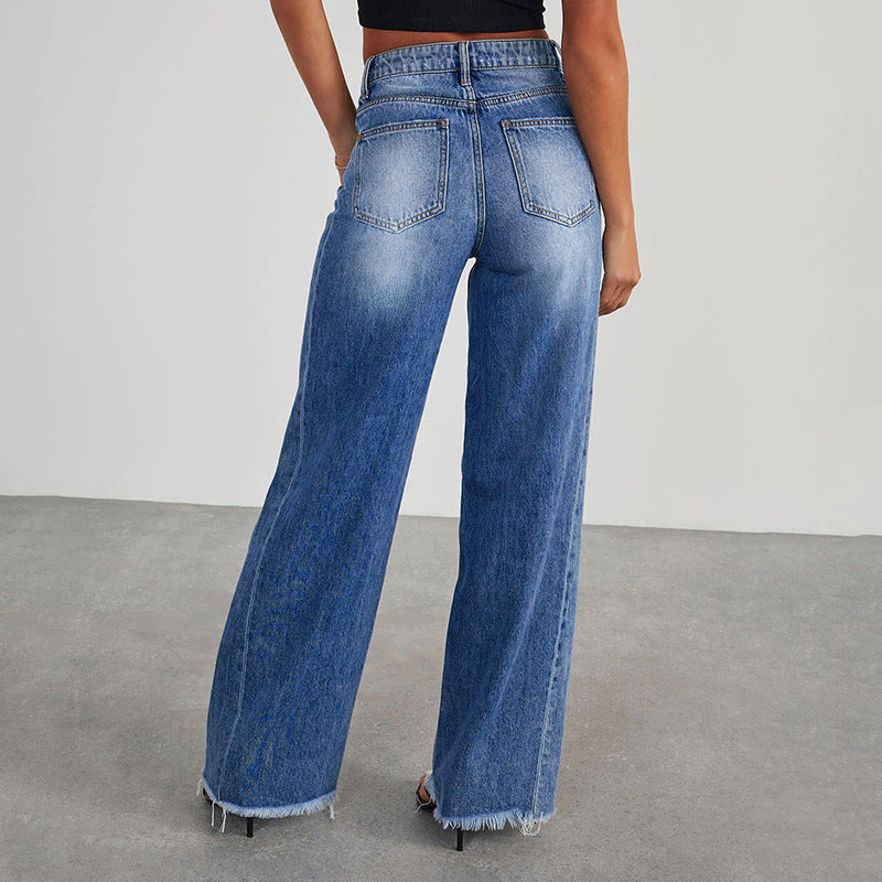 Damen High-Waist Schlagjeans mit weitem Bein und ausgefranstem Saum Nord Taschen