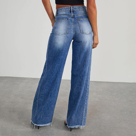 Damen High-Waist Schlagjeans mit weitem Bein und ausgefranstem Saum Nord Taschen