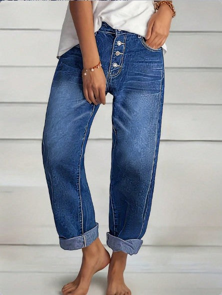 Damen High‑Waist Relaxed-Fit Jeans im Boyfriend-Stil mit Sichtbarer Knopfleiste und Aufgekrempeltem Saum Nord Taschen