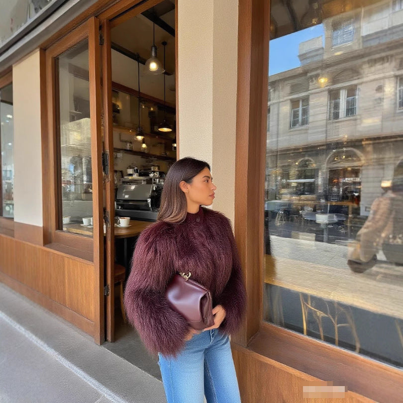 Damen Kurz geschnittene Shaggy-Faux-Fur-Strickjacke mit Rippkragen und Knopfleiste Nord Taschen