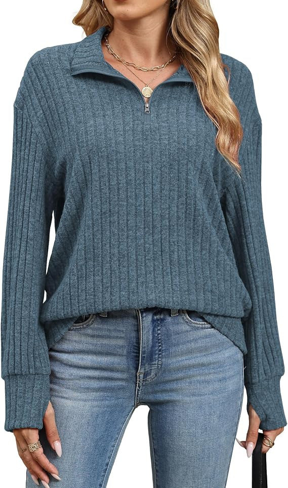 Damen Gerippter Halfzip-Pullover mit Stehkragen und Relaxed-Fit Nord Taschen