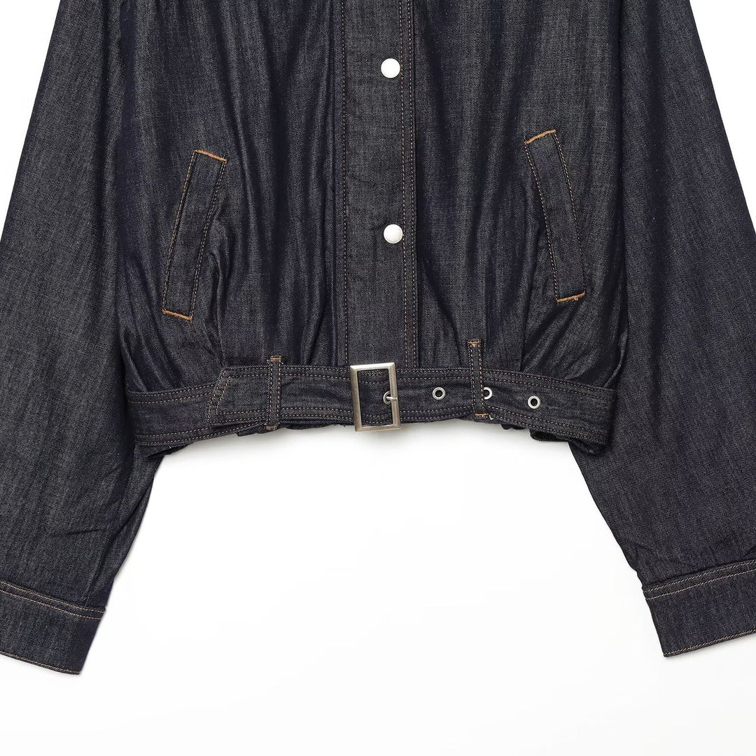 Damen Cropped Jeansjacke mit Taillengürtel, Stehkragen und Ballonärmeln Nord Taschen