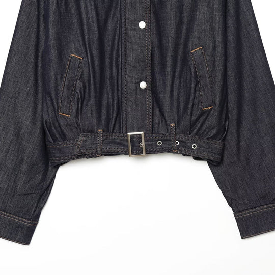 Damen Cropped Jeansjacke mit Taillengürtel, Stehkragen und Ballonärmeln Nord Taschen
