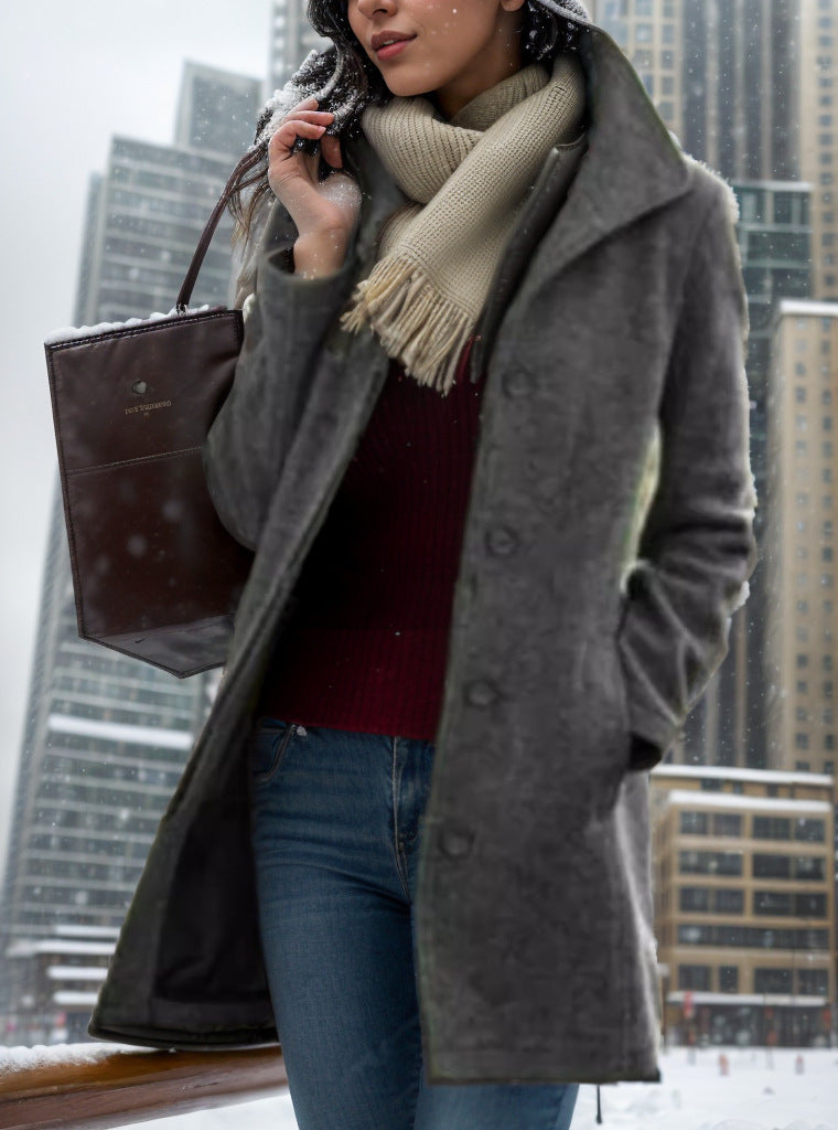 Damen Kurzmantel aus Velourslederimitat mit Hemdkragen, Knopfleiste und seitlichen Eingrifftaschen Nord Taschen