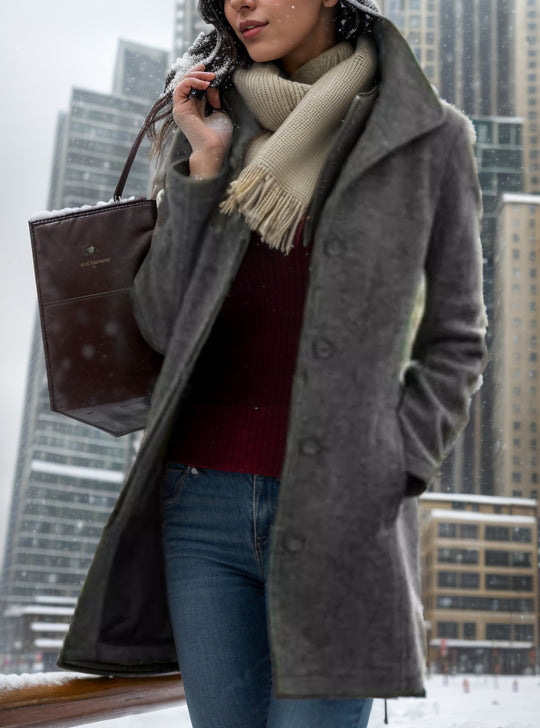Damen Kurzmantel aus Velourslederimitat mit Hemdkragen, Knopfleiste und seitlichen Eingrifftaschen Nord Taschen