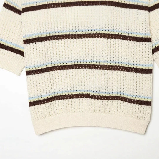 Damen Kurzarm Polo-Strickpullover mit V‑Ausschnitt, Strukturmuster und Streifendetail Nord Taschen