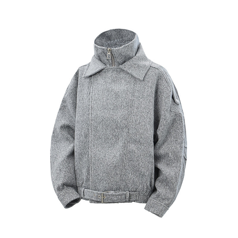 Damen Kurz geschnittene Wollmix-Bikerjacke mit asymmetrischer Front und Taillengürtel Nord Taschen