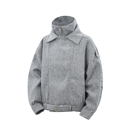 Damen Kurz geschnittene Wollmix-Bikerjacke mit asymmetrischer Front und Taillengürtel Nord Taschen