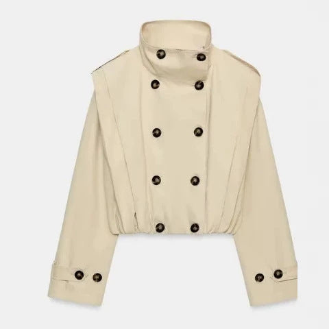 Damen Cropped Doppelreihiger Trench‑Blouson mit Stehkragen, Schulterpatten und elastischem Saum Nord Taschen