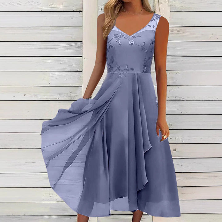 Damen nan A-Linien-Chiffonkleid mit floralem Stickoberteil, V-Ausschnitt, drapiertem Godet-Schwung und verdeckten Seitentaschen