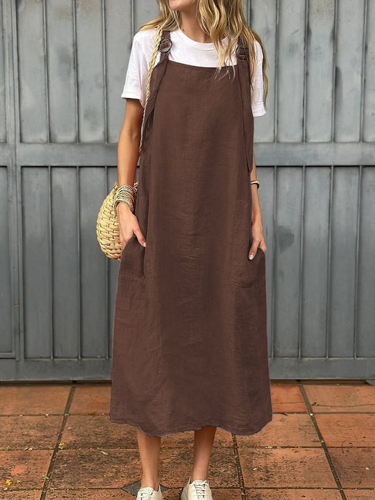 Damen lässiges Leinenkleid mit praktischen Taschen und verstellbaren Trägern