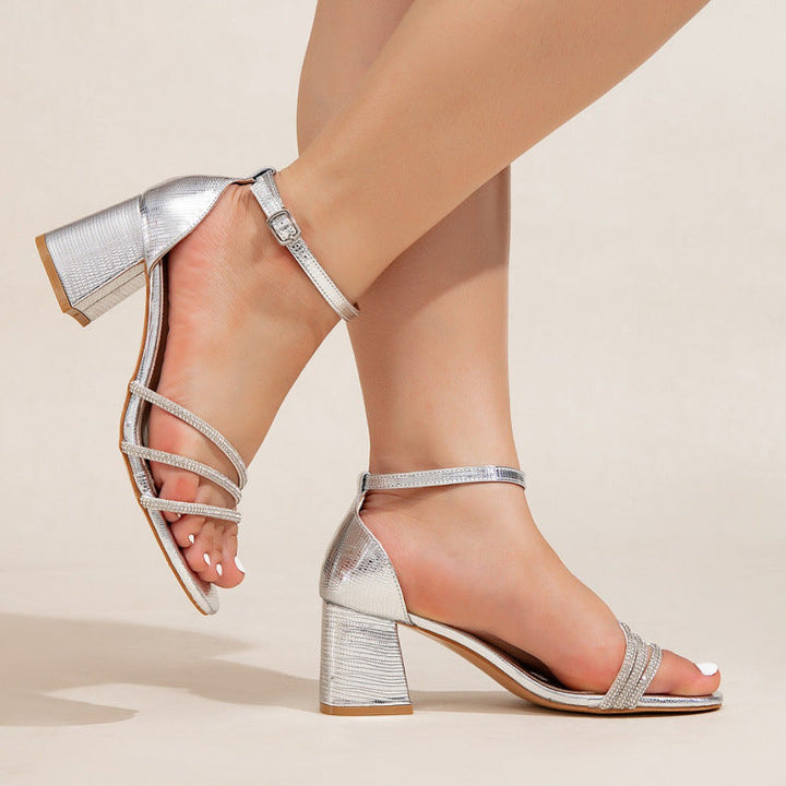 Damen elegante Riemchen-Sandalen mit glitzernden Akzenten und breitem Blockabsatz