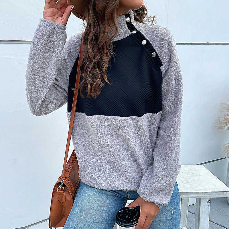 Damen Kuscheliger Teddy‑Fleece‑Pullover mit gesteppter Brustpatte, Stehkragen und Druckknopfleiste Nord Taschen