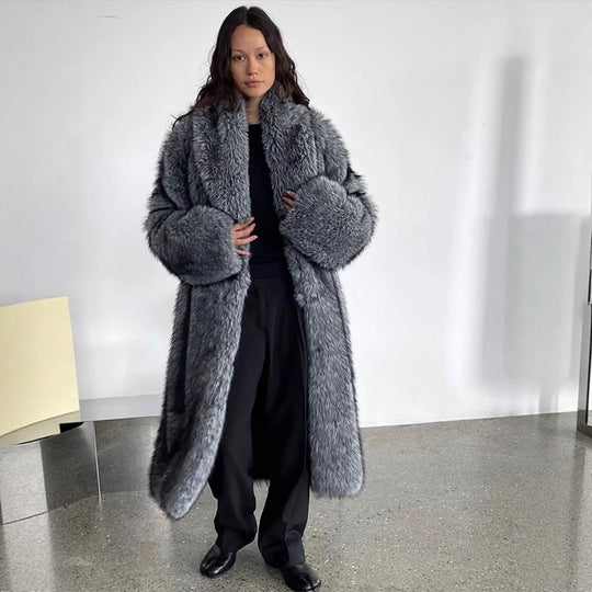 Damen Oversize langer Kunstpelz-Mantel mit voluminösen Ärmeln Nord Taschen