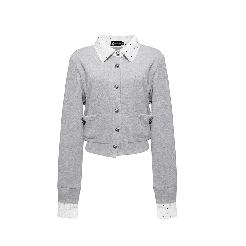 Damen Knopf-Sweatjacke mit eingesetztem Hemdkragen und Manschetten Nord Taschen