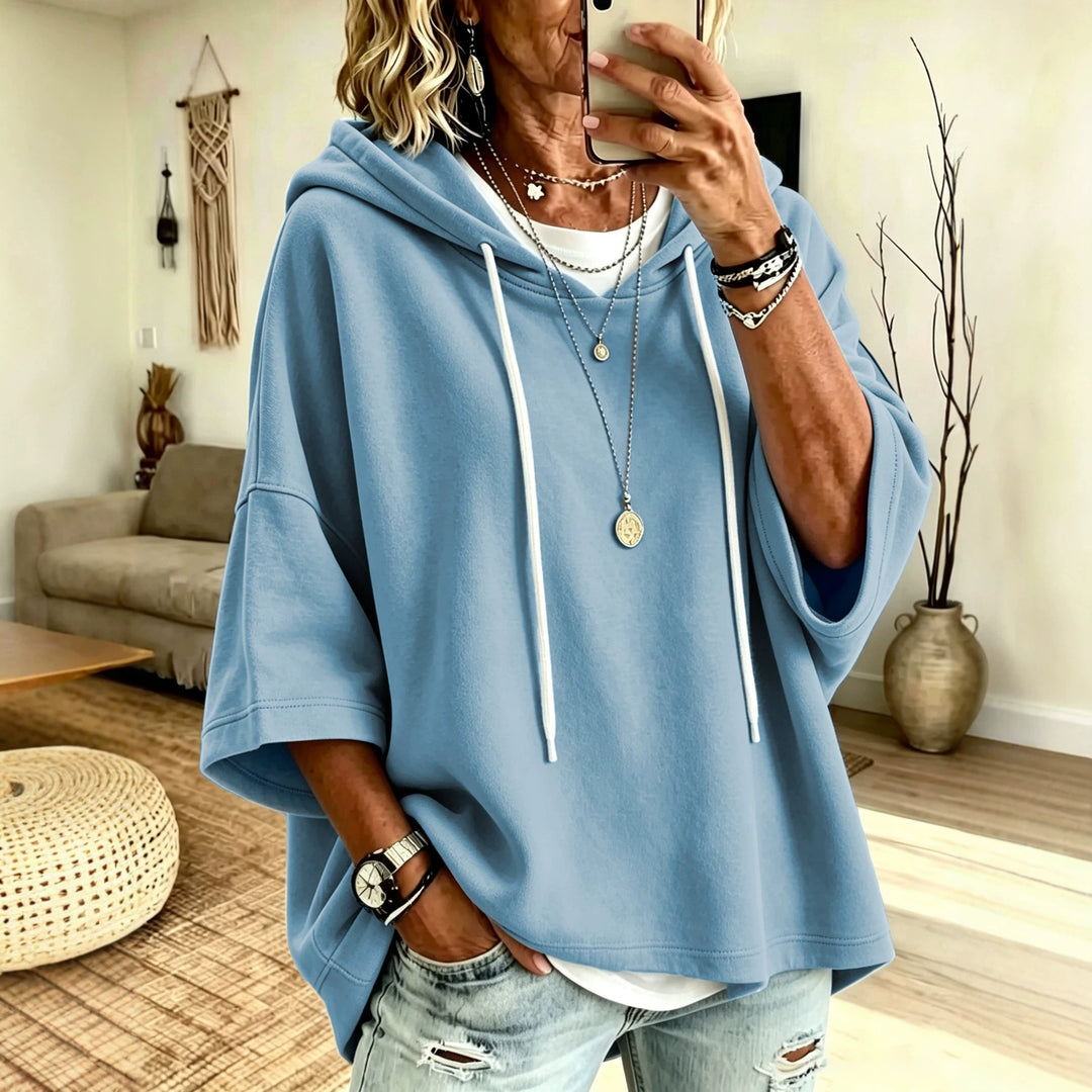 Damen Kurzarm-Oversize-Hoodie mit Kapuze und Kontrastkordel Nord Taschen