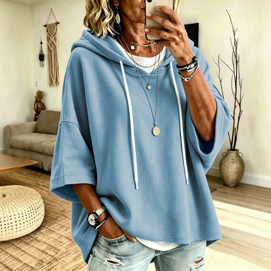 Damen Kurzarm-Oversize-Hoodie mit Kapuze und Kontrastkordel Nord Taschen
