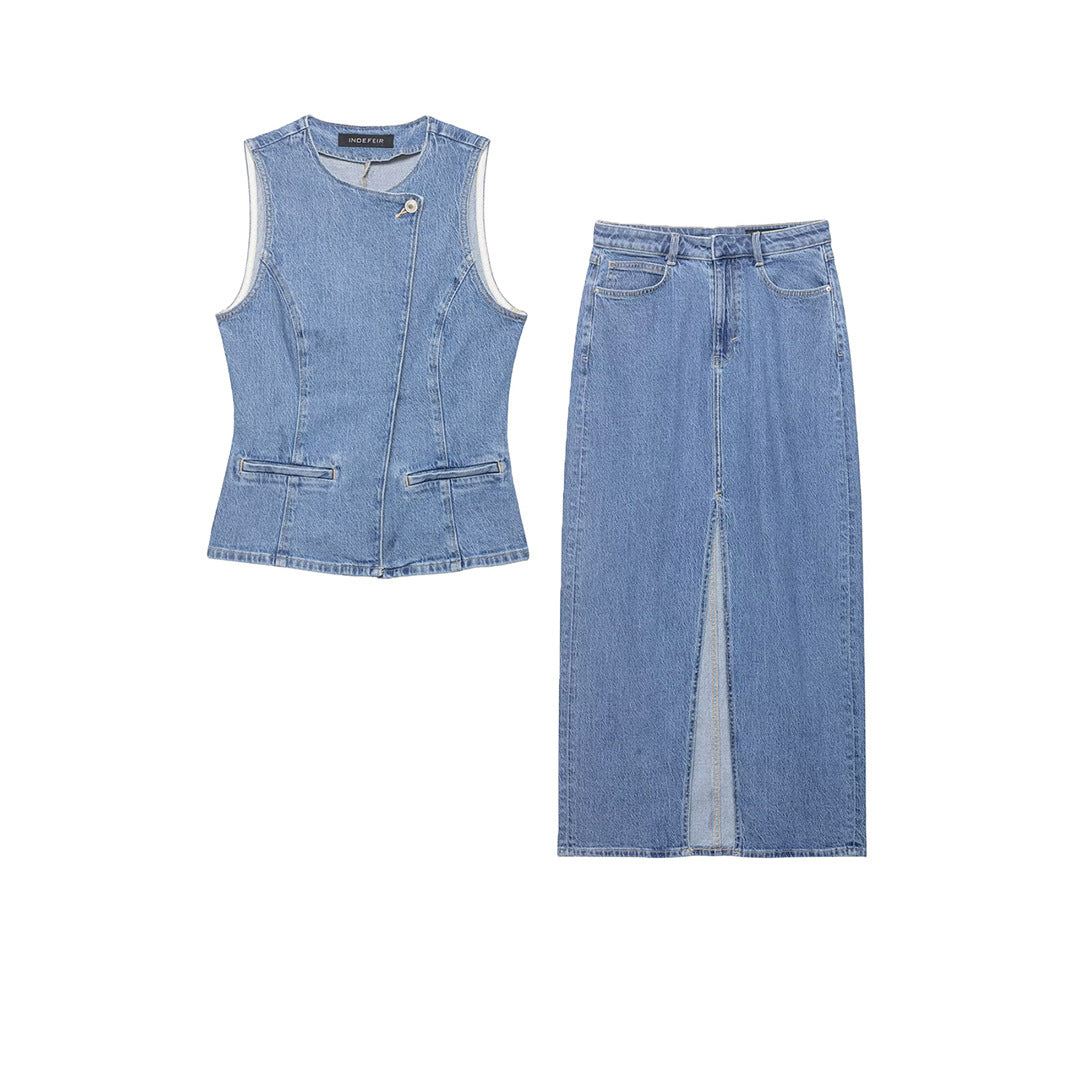 Damen Taillierte Jeansweste mit asymmetrischer Knopfleiste und Wiener Nähten Nord Taschen