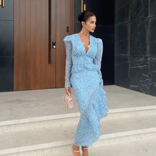 Damen Chiffon-Maxikleid mit V‑Ausschnitt, Puffärmeln und Beinschlitz Nord Taschen