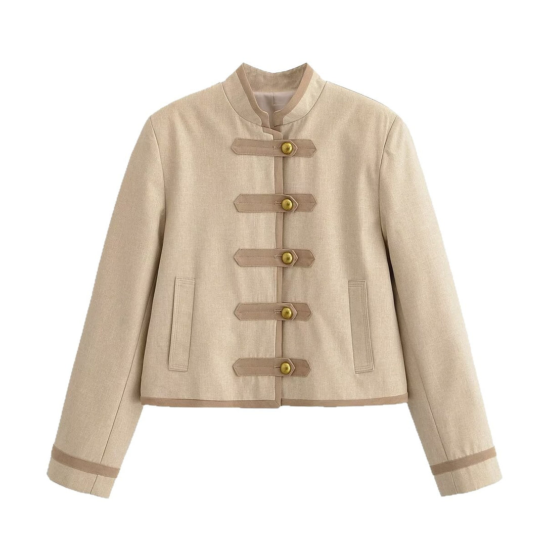 Damen Kurze Militärinspirierte Jacke mit Stehkragen und Zierknebelverschluss Nord Taschen