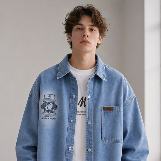 Herren Oversized Denim-Hemdjacke im Relaxed-Worker-Style mit Brusttasche und Druckknöpfen Nord Taschen