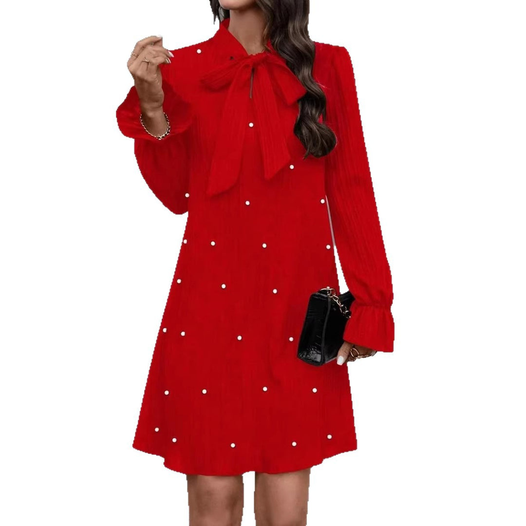 Damen Elegantes Minikleid mit Schleifenkragen und Rüschen Nord Taschen
