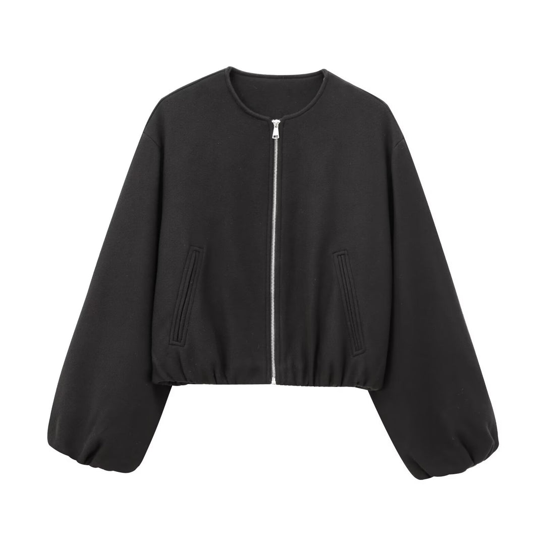 Damen Kurze Bomberjacke mit Rundhalsausschnitt, Reißverschluss und elastischem Saum Nord Taschen