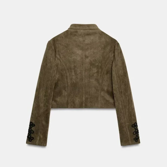 Damen Kurze Velourslederjacke im Military‑Look mit Stehkragen und dekorativen Kordelapplikationen Nord Taschen