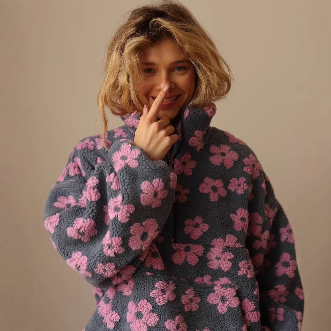 Damen Teddy-Fleece-Overheadjacke mit Stehkragen, Blumenrelief und Halbreißverschluss Nord Taschen