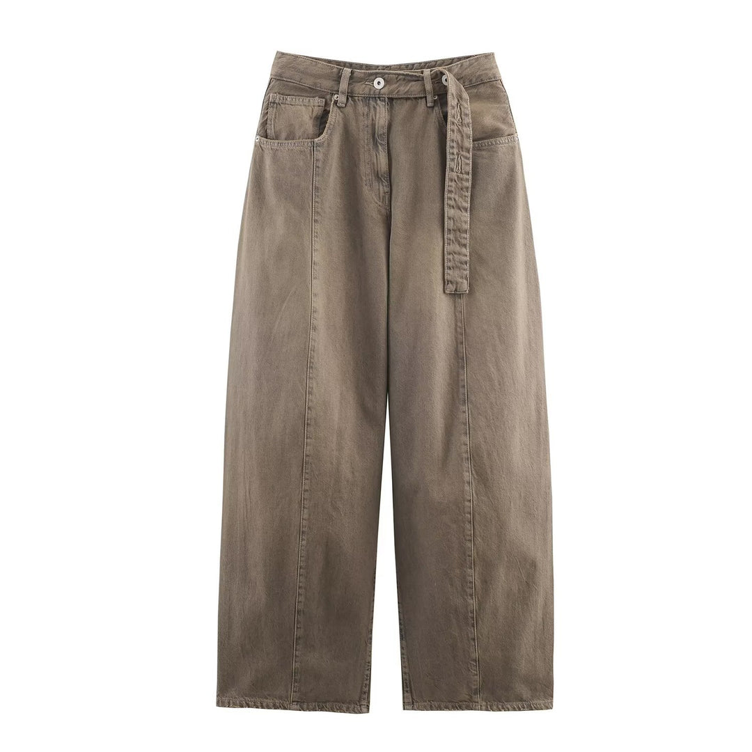 Damen Weite hochtaillierte Culotte-Hose mit Ziernaht, aufgesetzten Taschen und Bindegürtel Nord Taschen