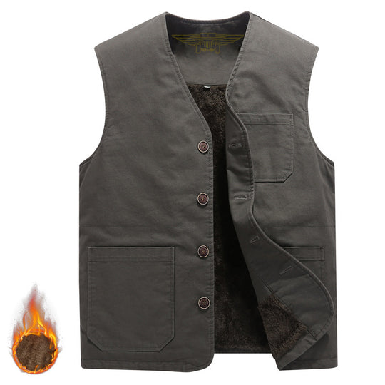 Herren Robuste Thermo-Canvas‑Weste mit wärmendem Teddyfutter und Knopfverschluss Nord Taschen