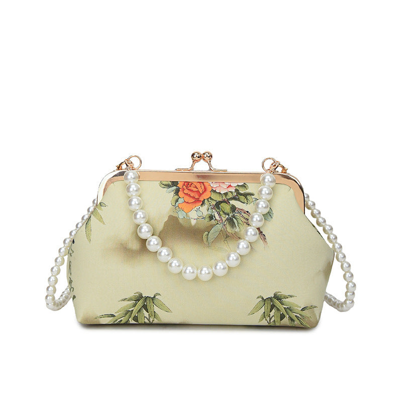 Damen elegante Handtasche mit zartem Blumendruck und Perlenkette Nord Taschen