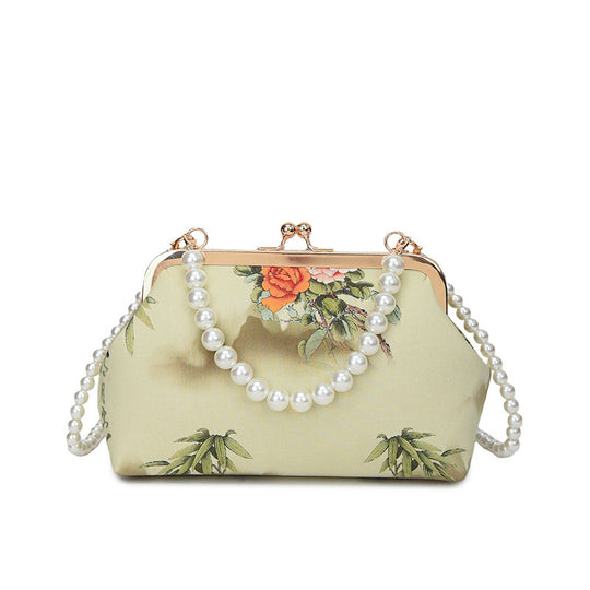 Damen elegante Handtasche mit zartem Blumendruck und Perlenkette Nord Taschen